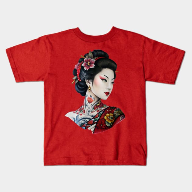 Japanese Geisha Tattoo Kids T-Shirt by Ravenglow